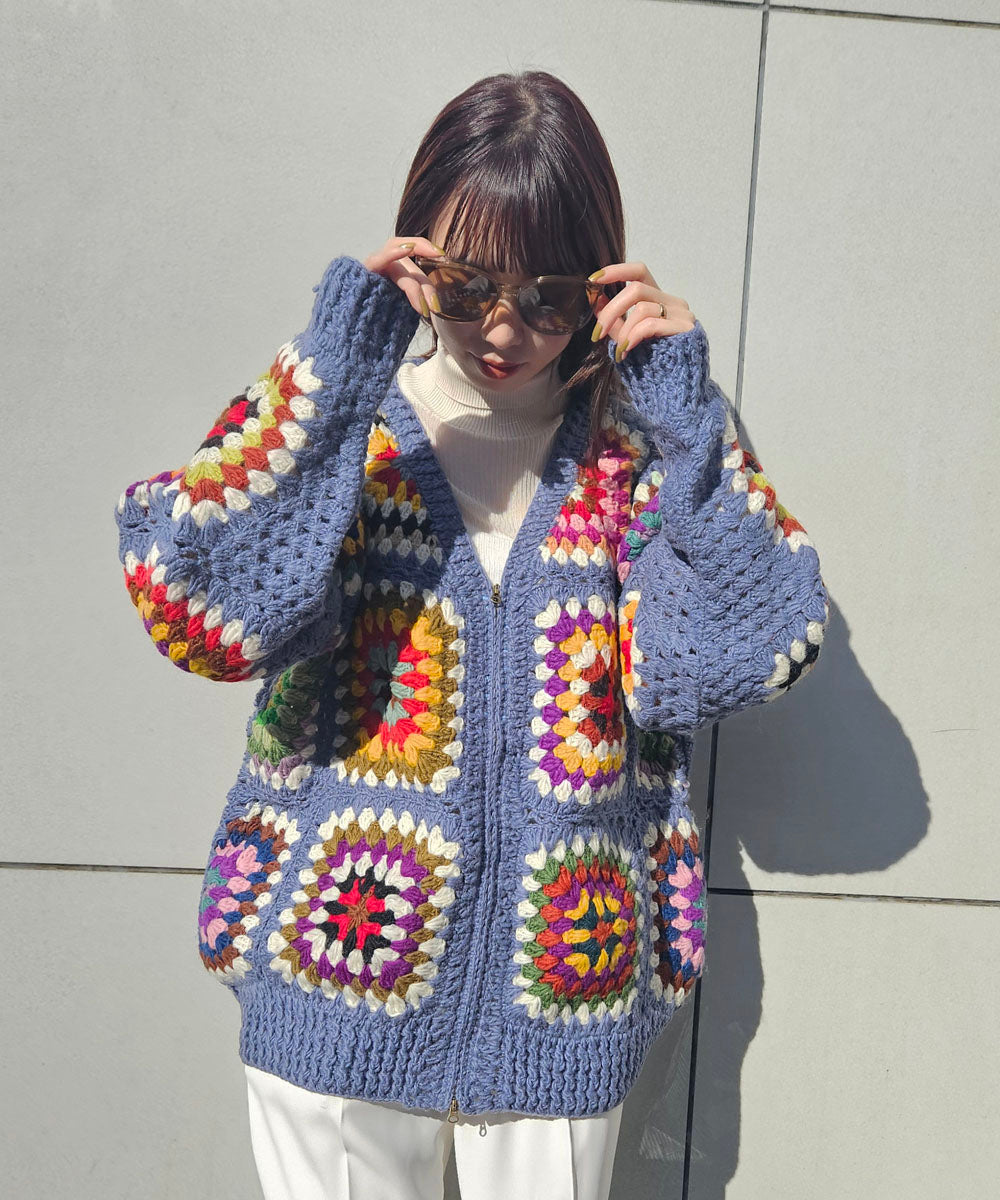 CITY SHED】Crochet V-neck Cardigan Blue - MacMahon Knitting Mills
